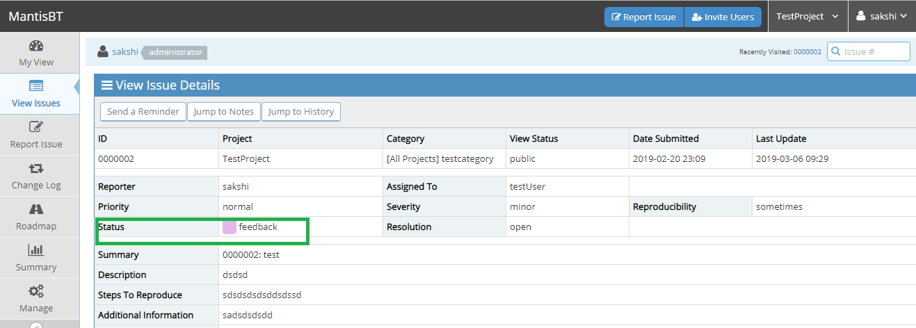 Mantis Feedback Status Changed - Software Testing Class